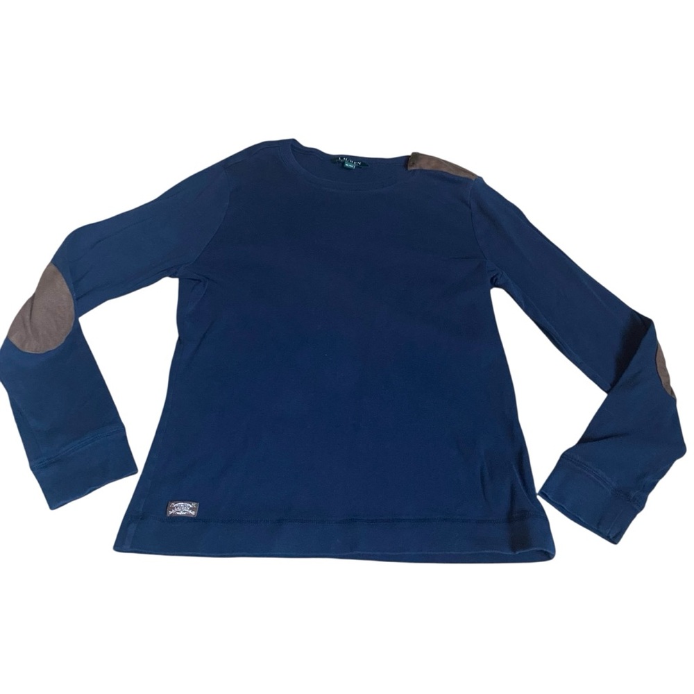 Ralph Lauren Womens Top XL Dark Blue Brown Elbow Patches Zip Shoulder Equestrian